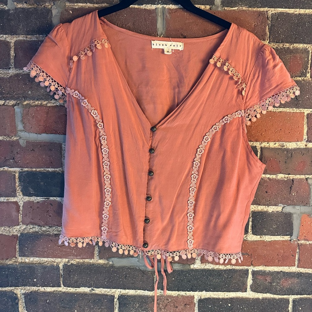 Pink Crop Blouse with Tie Front and Embellishments